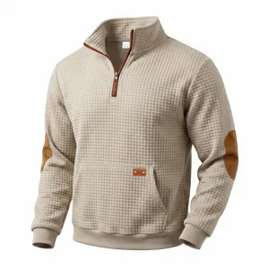 Men's Casual Waffle Quarter-Zip Stand Collar Sweatshirt in Khaki with Elbow Patches