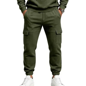 Men's heavyweight fleece cargo sweatpants in olive green casual jogger pants style