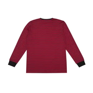 T-shirt homme à manches longues rayé rouge et noir, col rond style décontracté détail.