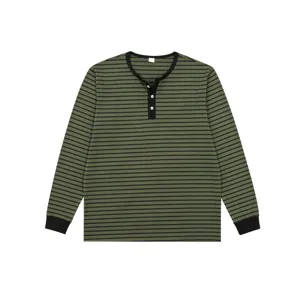 Chemise henley à manches longues rayée vert noir rétro pour homme haut décontracté.