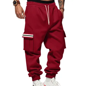 Pantalon de survêtement cargo doublé polaire homme hiver chaud jogger rouge foncé