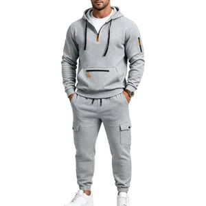 Men Casual Fleece Hooded Sweatshirt Cargo Pants Tracksuit Autumn Outdoor Sports Outfit