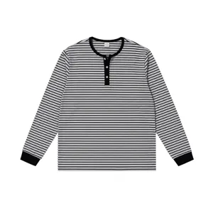 Homme Manches Longues T-Shirt Henley Rayé Col Rond Rétro Pull Décontracté Haut Qualité