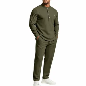 Men's army green long sleeve henley shirt and matching casual trousers set for daily wear.