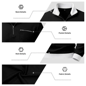 Close-up details of men waffle knit quarter-zip sweatshirt collar pocket hem fabric.