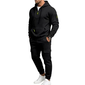 Set Felpa con Cappuccio Nera e Pantaloni Cargo Uomo Autunno Sportivo Tuta da Ginnastica