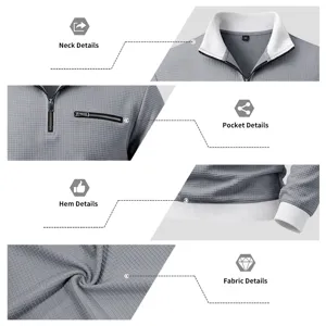 Men waffle half-zip long sleeve sweatshirt fabric neck and pocket details close up view