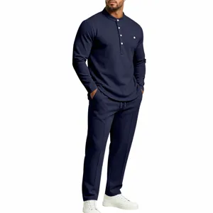 Men Navy Blue Henley Long Sleeve Shirt and Straight Leg Pants Casual Outfit Set Variant