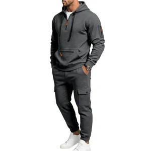 Tuta Sportiva Felpa Con Cappuccio E Pantaloni Cargo Grigio Scuro Pile Casual Set