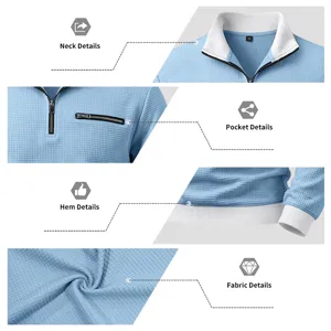 Men's waffle half-zip long sleeve sweatshirt detail view showing collar pocket hem and fabric.