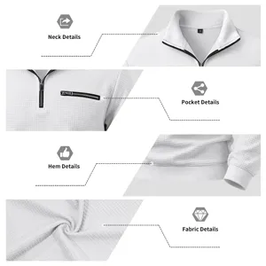 Men waffle quarter-zip long sleeve sweatshirt with pocket detail for autumn casual daily wear.