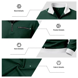 Men waffle knit half zip sweatshirt detail view showing collar pocket hem and fabric texture