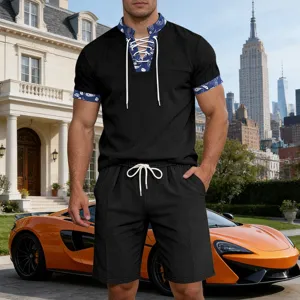 Men summer short sleeve lace up Henley T shirt and casual shorts set with paisley trim.