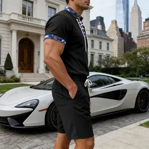Men summer corduroy short sleeve henley t-shirt and shorts set casual streetwear outfit.