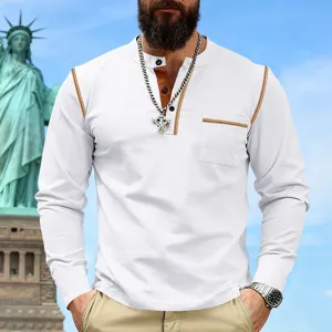 Men's casual long sleeve Henley shirt with contrast trim, chest pocket, and stand collar.