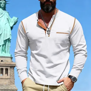 Men's long-sleeve Henley shirt with contrast stitching and pocket in white casual style.
