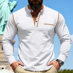 Men's long sleeve henley shirt casual retro contrast stitching cotton top outdoor pullover