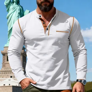 Men's long sleeve henley shirt detail, white with brown contrast stitching and chest pocket.