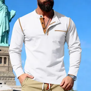 Men's casual long sleeve Henley shirt with contrast stitching and chest pocket for spring.