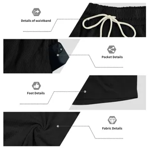 Men's black casual shorts detail view featuring adjustable drawstring waistband and deep side pockets.