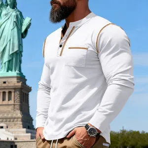 Men's vintage contrast stitching long sleeve Henley t-shirt, casual loose outdoor top.