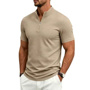 Ανδρικό casual polo με φερμουάρ waffle κοντομάνικο όρθιο γιακά χακί καλοκαίρι top