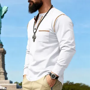 Men's long sleeve Henley t-shirt detail view featuring contrast stitching and chest pocket design.