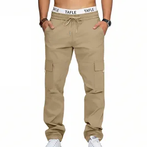 Men khaki cargo pants multi-pocket casual trousers with elastic drawstring waist detail.