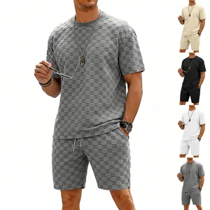 Heren Zomer Schachbord Gebreid T-Shirt en Shorts Set Casual Losse Korte Mouw Top en Onderkant Trainingspak