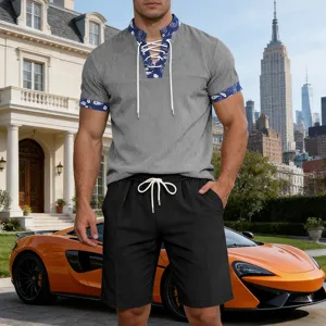 Men's summer casual lace-up henley t-shirt and shorts set featuring paisley trim details.