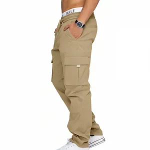 Men's khaki tactical cargo pants with multi-pockets, casual slim fit long trousers for daily use.