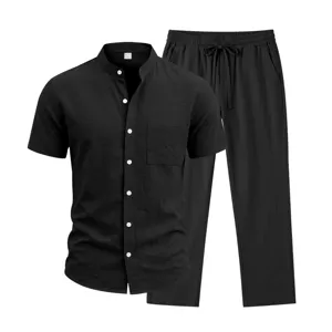 Black linen mandarin collar short sleeve shirt and trousers detail view, casual mens two piece set.