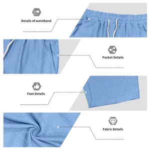 Close-up details of men's casual shorts waistband, pocket, hem and fabric texture.