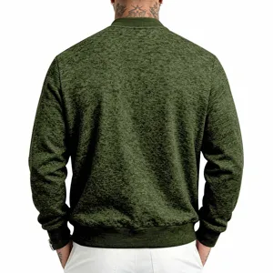 Men's green knit bomber jacket, casual zip pocket long sleeve outerwear back view.