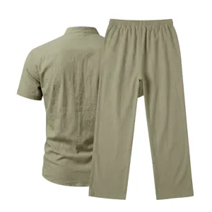 Men casual linen short sleeve shirt and straight long pants two piece set in light green color.