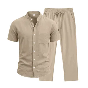 Men casual linen two piece set short sleeve henley shirt straight trousers khaki spring