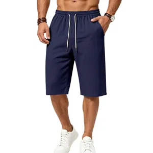 Men's casual linen-texture 3/4 shorts with elastic drawstring waist for summer daily wear.