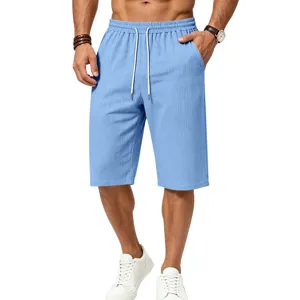Men's casual textured linen-feel shorts summer breathable drawstring beach shorts