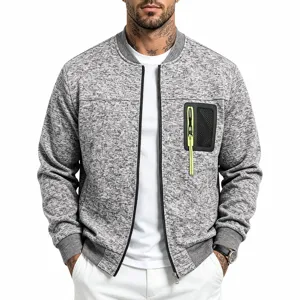 Men's knit bomber jacket with zipper pockets, casual gray marl full zip outerwear for autumn.