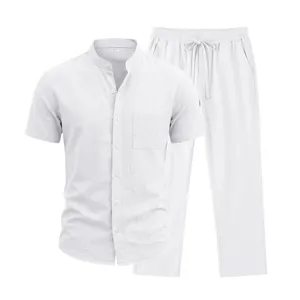 Men casual linen two piece set short sleeve henley shirt and straight long pants white.