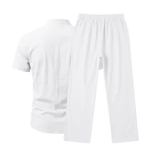 Detailed view of white linen short sleeve shirt and straight pants casual two piece set.