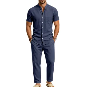 Men Casual Linen Blend Two Piece Set Mandarin Collar Short Sleeve Shirt And Long Pants Outfit Summer Beachwear