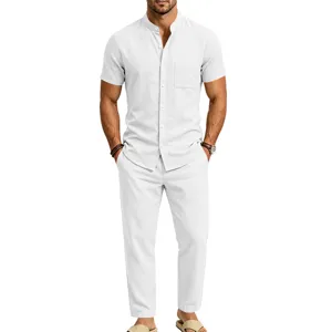 Men's white linen short sleeve stand collar shirt and matching trousers two piece set main view