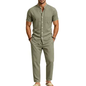 Men's linen henley short sleeve shirt and straight long pants casual two piece set spring