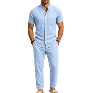 Men linen casual two piece set short sleeve mandarin collar shirt and straight trousers main view