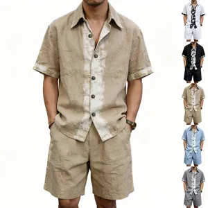 Mens Linen Short Sleeve Shirt and Shorts Set Summer Casual Two Piece Outfit Khaki