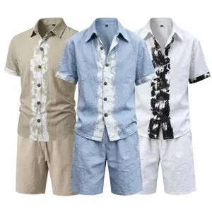Men's summer linen casual short sleeve shirt and shorts set with stylish contrast tie dye design.