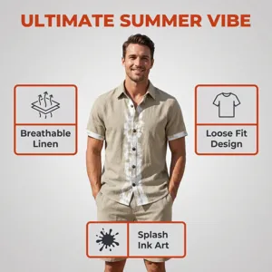 Men casual linen short sleeve shirt and shorts set with splash ink art and breathable fabric.