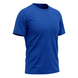 Close-up detail of the breathable mesh fabric and neat stitching on the royal blue t-shirt.