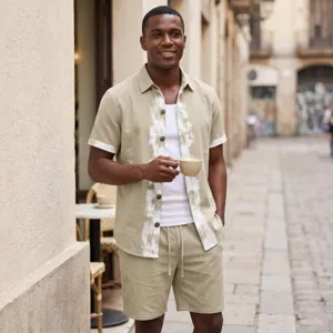 Men's summer linen short sleeve shirt and shorts casual two piece set khaki beachwear